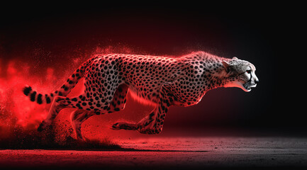 High speed cheetah sprinting with red motion blur on dramatic dark backdrop
