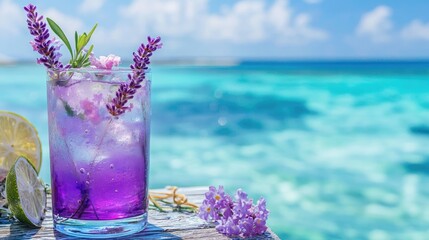 A cool lavender-colored drink with floral resting on a table beside turquoise sea