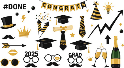 Photo booth props for graduation party. Congrats graduates. Photobooth vector set in gold and black. Hat, diploma, bubbles with funny quotes. University, school, academy grad symbol