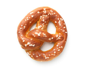 Tasty pretzel with salt isolated on white, top view