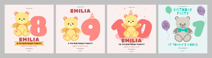 Invitation childrens birthday party cute bear and number set. Celebration First birthday. Greeting card template for children. Vector illustration.
