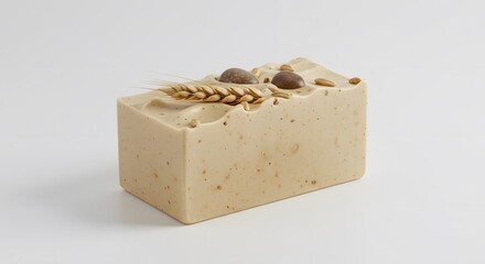 Natural Handmade Soap Bar with Wheat Decoration on White Background