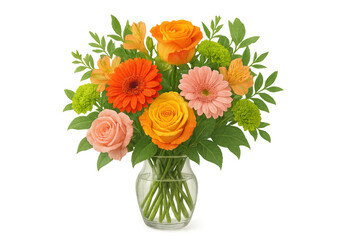 Vibrant bouquet featuring roses, gerberas, and alstroemeria in a clear glass vase, isolated on a transparent background