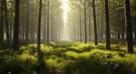 Obraz premium Golden sunlight streams through tall trees illuminating a tranquil forest path. AI Generated