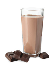 Tasty chocolate milk in glass and ingredient isolated on white