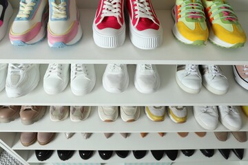 Different footwear on shelves indoors, closeup. Shoe storage
