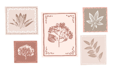 Set of hand drawn flower stamps botanical prints on various color swatches. Plant and flower art for card design or invitation.