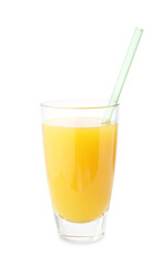 Tasty mango juice in glass with straw isolated on white