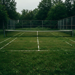Fototapeta premium An abandoned tennis court being slowly reclaimed by nature, with long grass covering the playing surface. A scene of decay, solitude, and forgotten places. 