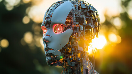 Close - up of a robot’s head, metal structure with glowing red eyes, set against a natural environment at sunset, presenting a blend of tech and nature