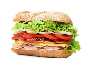Tasty baguette sandwich with ham and vegetables isolated on white