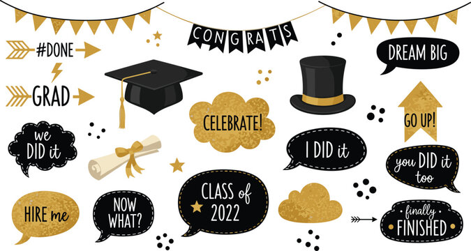 Photo booth props for graduation party. Congrats graduates. Photobooth vector set in gold and black. Hat, diploma, bubbles with funny quotes. University, school, academy grad symbo