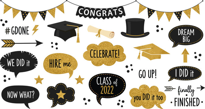 Photo booth props for graduation party. Congrats graduates. Photobooth vector set in gold and black. Hat, diploma, bubbles with funny quotes. University, school, academy grad symbo