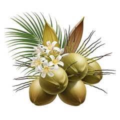 Obraz premium Whole and Halved Coconut with Plumeria Flower