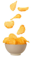 Tasty crispy potato chips falling into bowl on white background