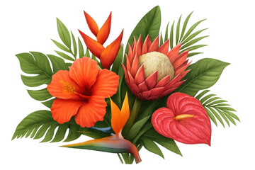 Colorful tropical bouquet featuring hibiscus, protea, bird of paradise, and anthurium flowers with lush green leaves, isolated on a transparent background