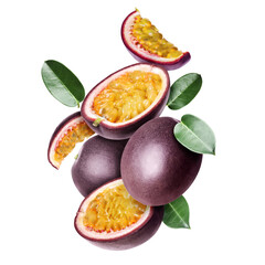 Delicious ripe passion fruits and green leaves falling on white background