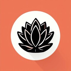 Fototapeta premium Fleur de lotus noire stylisée sur cercle blanc, fond corail, style minimaliste, ambiance zen et contemporaine, contraste marqué.