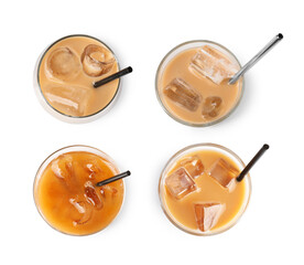 Refreshing iced coffee in different glasses isolated on white, set. Top view