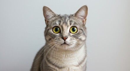 A Stunning Portrait of a Gray Tabby Cat with Captivating Yellow Eyes Against a Neutral Background