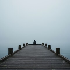 Obraz premium Solitary Figure on a Misty Pier: Contemplation and Solitude by the Calm Lake