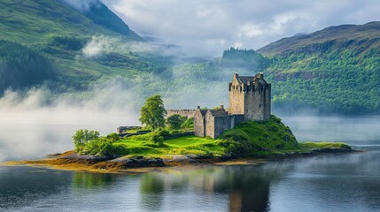 Eilean Donan Castle majestically stands on its island during foggy mornings