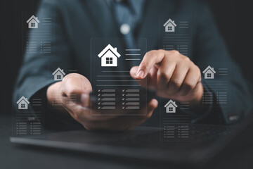 Real estate concept business, home insurance and real estate protection. Man buy and sell houses and real estate online on a virtual screen