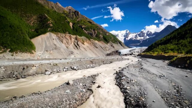 Mountain river flowing through valley with glacier, green slopes, and rocky banks on a partly cloudy day. Wide shot of rugged landscape.