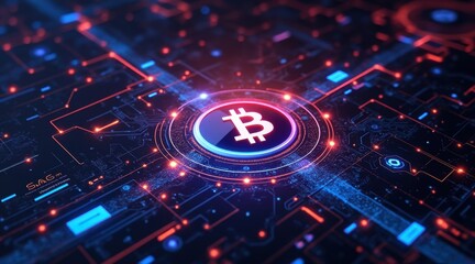 Futuristic digital graphic featuring a glowing Bitcoin symbol at the center of a circuit-like, virtual network.
