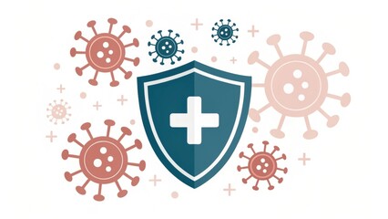 Obraz premium A shield with a medical cross protects against surrounding virus particles, symbolizing health defense and immunity.