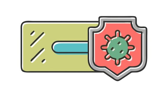 A shield with a virus icon appears over a password field, symbolizing cybersecurity and protection against malware.