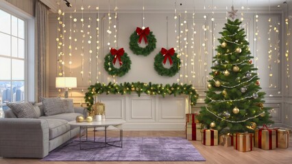 Obraz premium Cozy Christmas living room with decorated tree, wreaths, and festive lights for holiday atmosphere