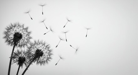 Elegant Monochrome Dandelion Seeds Floating on a Gentle Breeze: A Study in Nature's Ephemeral Beauty