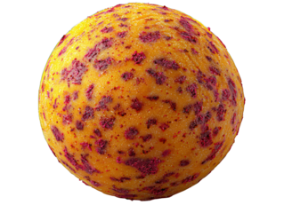 Spherical object, textured yellow with reddish-purple dots