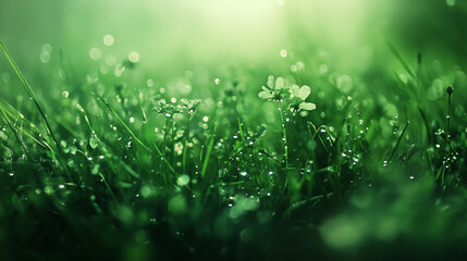 Raindrops and dew on plant leaves on a green lawn, wet natural environment landscape