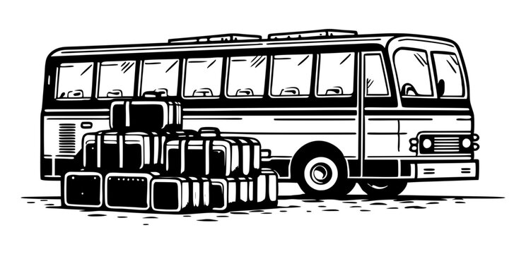 A monochromatic illustration of a long-distance bus with a stack of luggage beside it, conveying travel and journey.