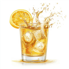 On a white background, a glass of orange - yellow iced drink with lemon slice and ice cubes, juice splashing, showing a refreshing and vibrant feeling