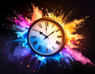 Vintage clock exploding in vibrant color