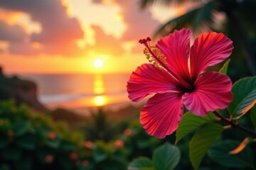 Vibrant hibiscus blooms at sunset, lush tropical foliage backdrop, Philippines, background
