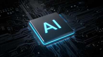 Blue glowing AI button on motherboard circuit background