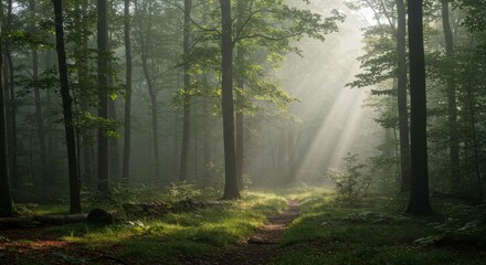 A mystical forest scene blanketed in ethereal mist, a winding narrow path leads through tall, dark trees bathed in soft, filtered light. The atmosphere is tranquil and mysterious, ideal for nature the
