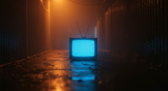 An old CRT television sits in a dark, wet alley, its blue screen glowing with static. Moody lighting and atmospheric fog create a mysterious, retro-futuristic scene, perfect for themes of cyberpunk,