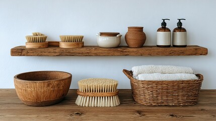 Wooden shelf with natural items for a bathroom or spa.