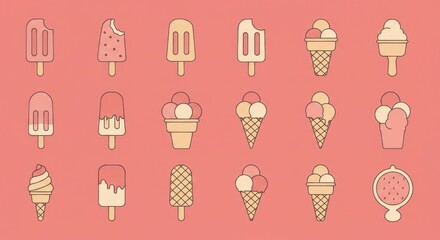 Collection of sweet ice cream treats is illustrated against a vibrant pink background. This vector artwork features various popsicles, cones, sundaes, and a milkshake in charming, cute de