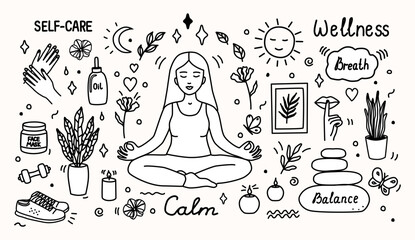 Vector doodle illustration of a woman meditating surrounded by wellness and self-care elements. Hand-drawn black and white line art, perfect for yoga, mindfulness, and lifestyle designs.