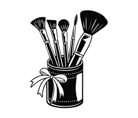 Cosmetic Brushes in Jar Icon in Black and White Style, Black Makeup Brush Holder, Beauty Tools Silhouette, Makeup Brushes Clipart, Cosmetic Brush Set in Holder.