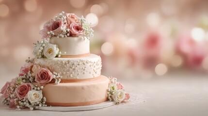 Naklejka premium Three tiered wedding cake on festive celebration background