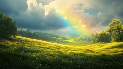 Rainbow's promise: Golden fields and radiant skies unveiling nature's splendor