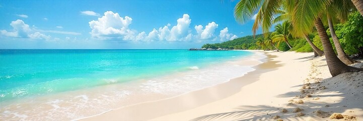 Fototapeta premium Sun-drenched beach scene, turquoise water lapping gently against the shore, vibrant summer holiday vibes Perfect for travel brochures and websites , sun, relaxation