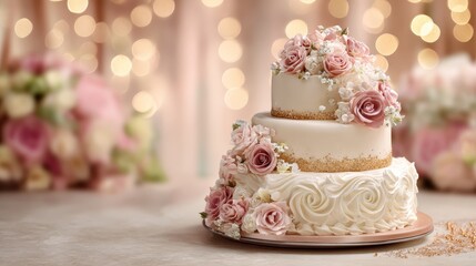 Three tiered wedding cake on festive celebration background